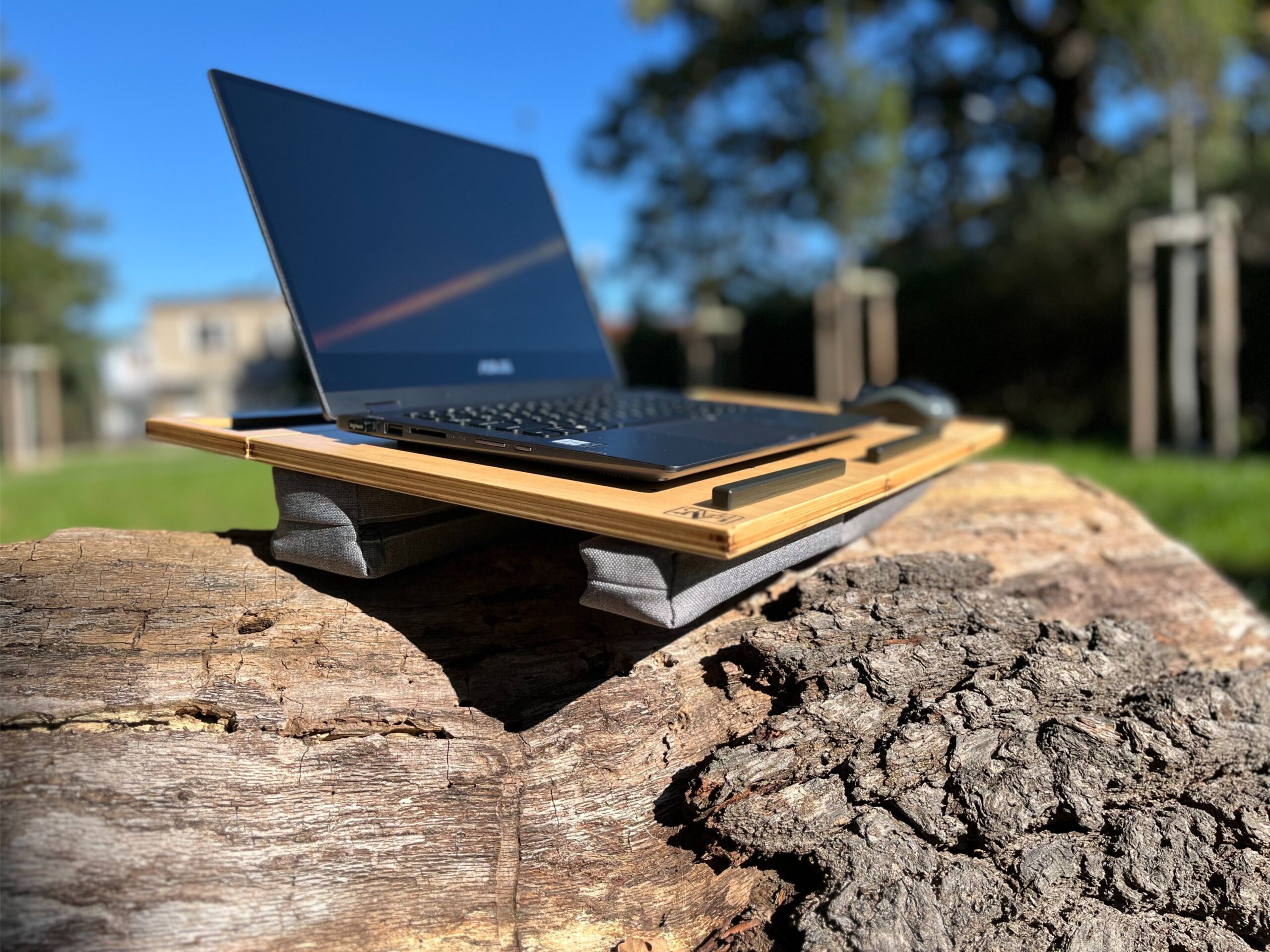Laptop Asus na ergonomicznej podstawce LapPad z gąbkami pozycjonującymi, ustawiony na pniu drzewa w słonecznym otoczeniu.
